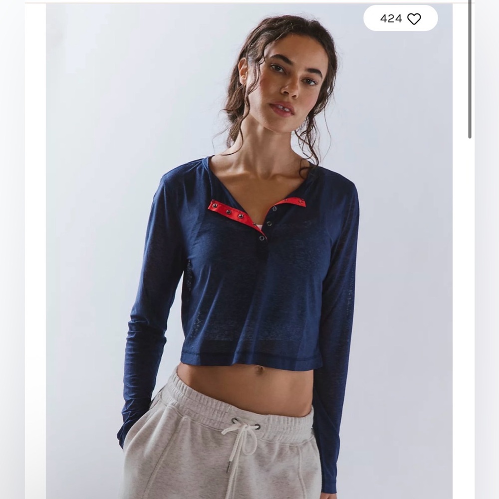 FP Movement by Free People Navy Sheer Pop Henley with Orange Trim